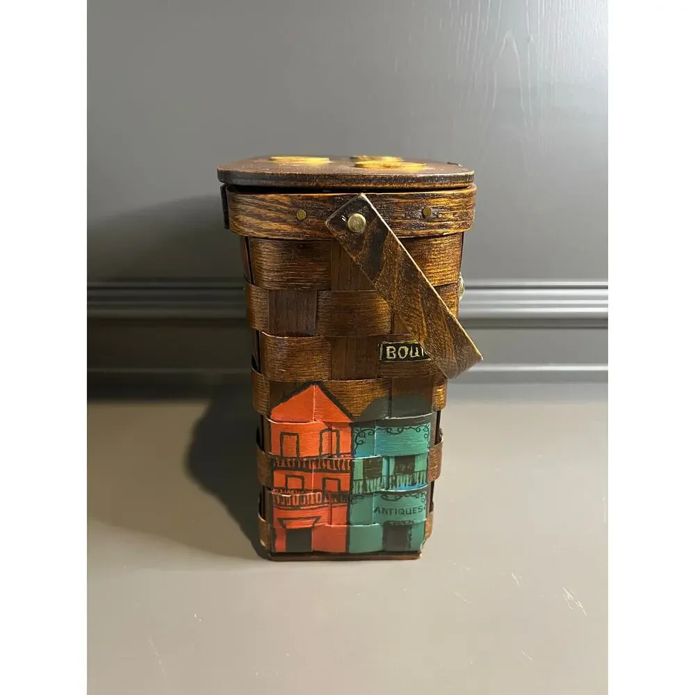 Vintage Basketville J. Hussey Handpainted Basket Purse‎ NOLA  9.5x4.5x9.5 Boho